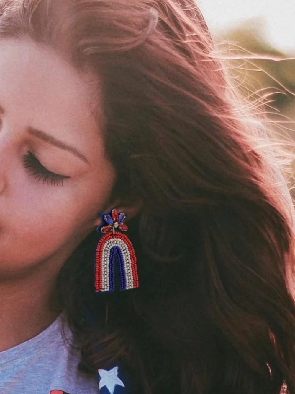 Beaded Rainbow Drop Earrings - Red, Blue & White